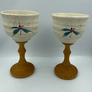 Dan Taylor Clayworks Pottery Wine Goblets with wood stems holly leaves design